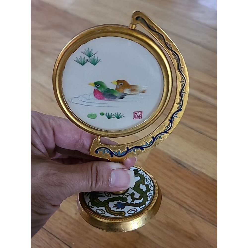 Vintage*Hand Made* Frame 4" Embroidered Silk Ducks  in Brass Cloisonné Rotating